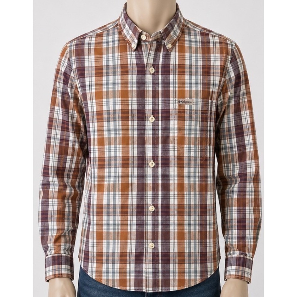 Columbia Mens Plaid Long Sleeve Button Down Shirt Orange Burgundy AM7968 Size M